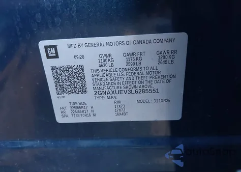 2020 Chevrolet Equinox Lt from USA, damaged, VIN 2GNAXUEV3L6285551